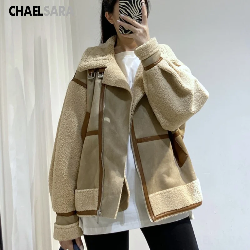 2022 Women Winter New Thick Warm Vintage Patchwork Suede Lambswool Biker Jackets Coat Chic Loose Faux Leather Outwear Top