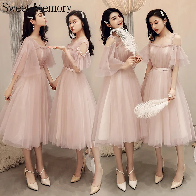 

Girl Grey Pink Bridesmaid Dresses Illusion Lace Up Tulle Princess Wedding Party Prom Graduation Dress