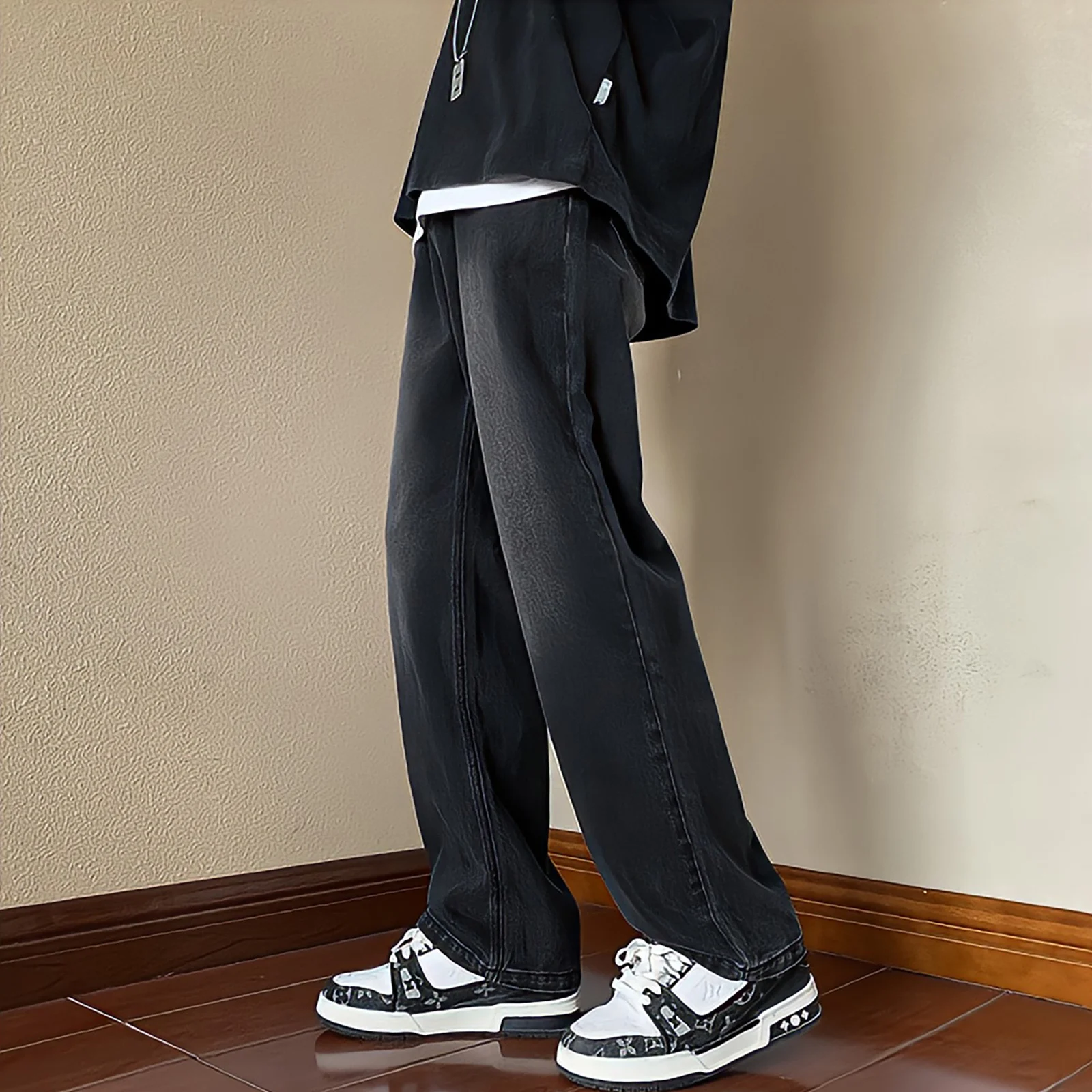 Vintage Streetwear Black Baggy Jeans For Men Wide Leg Straight Pants Oversize Y2k Design Clothes Casual Washed Denim Trousers