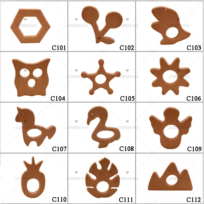 

10pcs Organic Beech Wooden Animal Natural Handmade Wooden Teether DIY Personalized Pendent Eco-Friendly Safe Baby Teether Toys