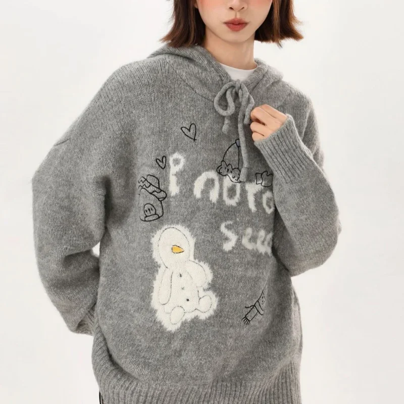 Harajuku забавный свитер с капюшоном и вышивкой утки серый свободный мешковатый