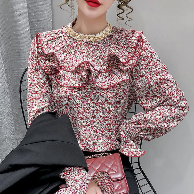 

2022 Women's Spring Autumn New Loose Floralprint Shirts Tops Female Long Sleeve Chiffon Shirts Ladies O-neck Casual Blouses U355