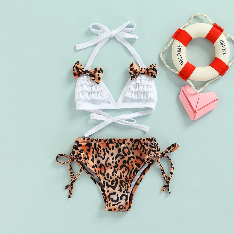 

2022 Summer 6M-4T Girls Two-Piece Leopard Print Split Swimsuit Baby Girls Leopard Print Bow Ruffle Backless Top + Shorts