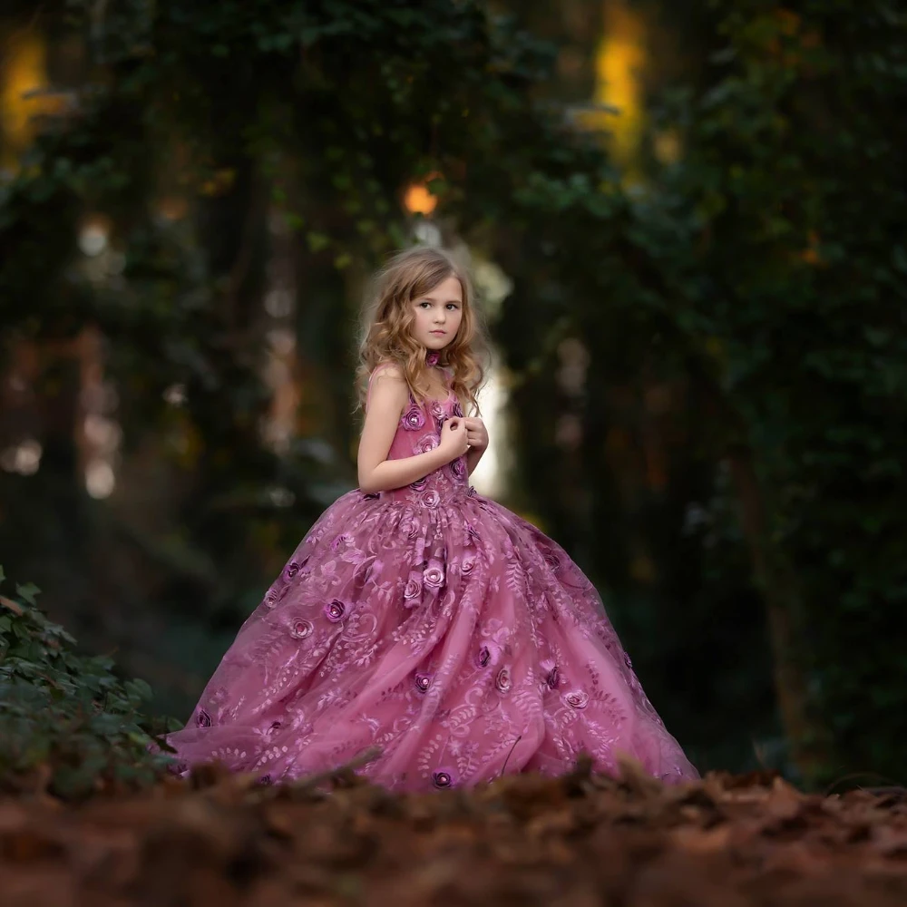 

Luxury Fuchsia Flower Girl Dresses High Neck Appliques Tulle Kids Dresses Beads Sleeveless Little Girls Birthday Party Dress