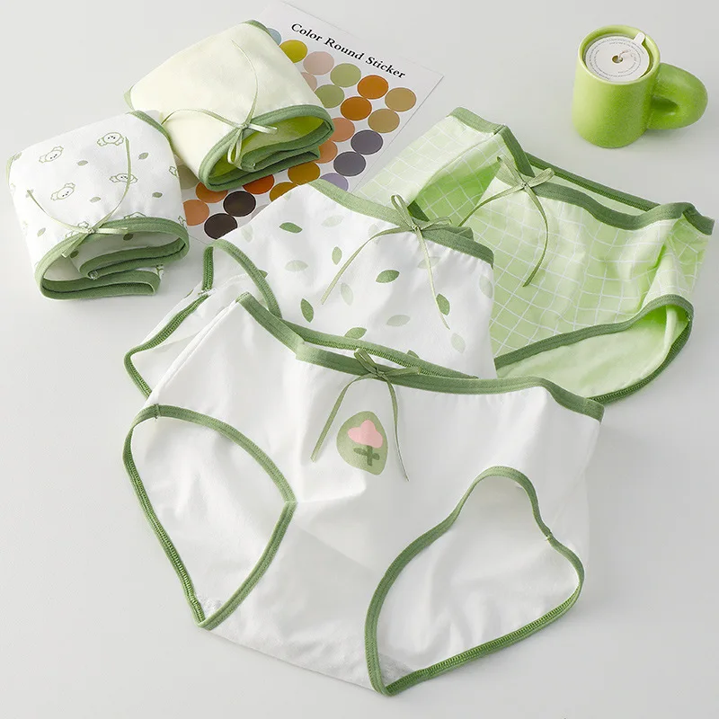 

15PCS Korean Female's Green Underpants Pure Cotton Crotch Flower Printed Girl Butterfly Mid-rise Antibacterial Students Briefs