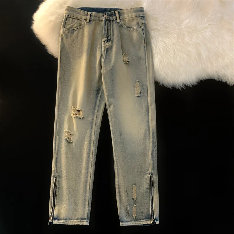 

Worn-out washed-out jeans men's summer hip-hop straight leg wide leg trousers