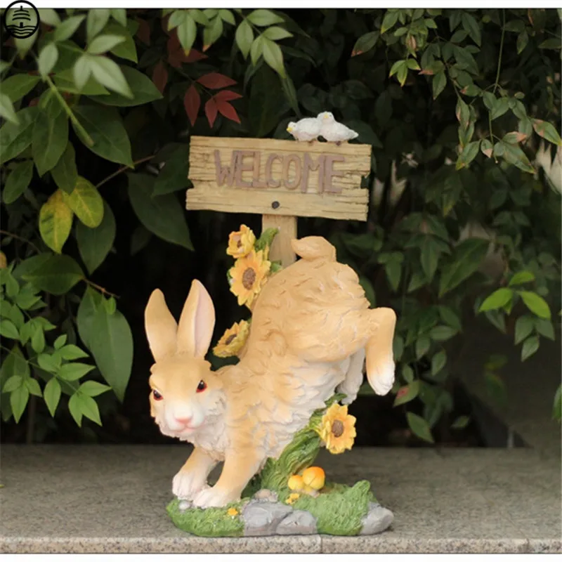 Garden Rabbit Welcome Plate Statue Arts Bunny Landscaping Sculpture Craft Courtyard Home Decor Outdoor Animal Figurine Balcony