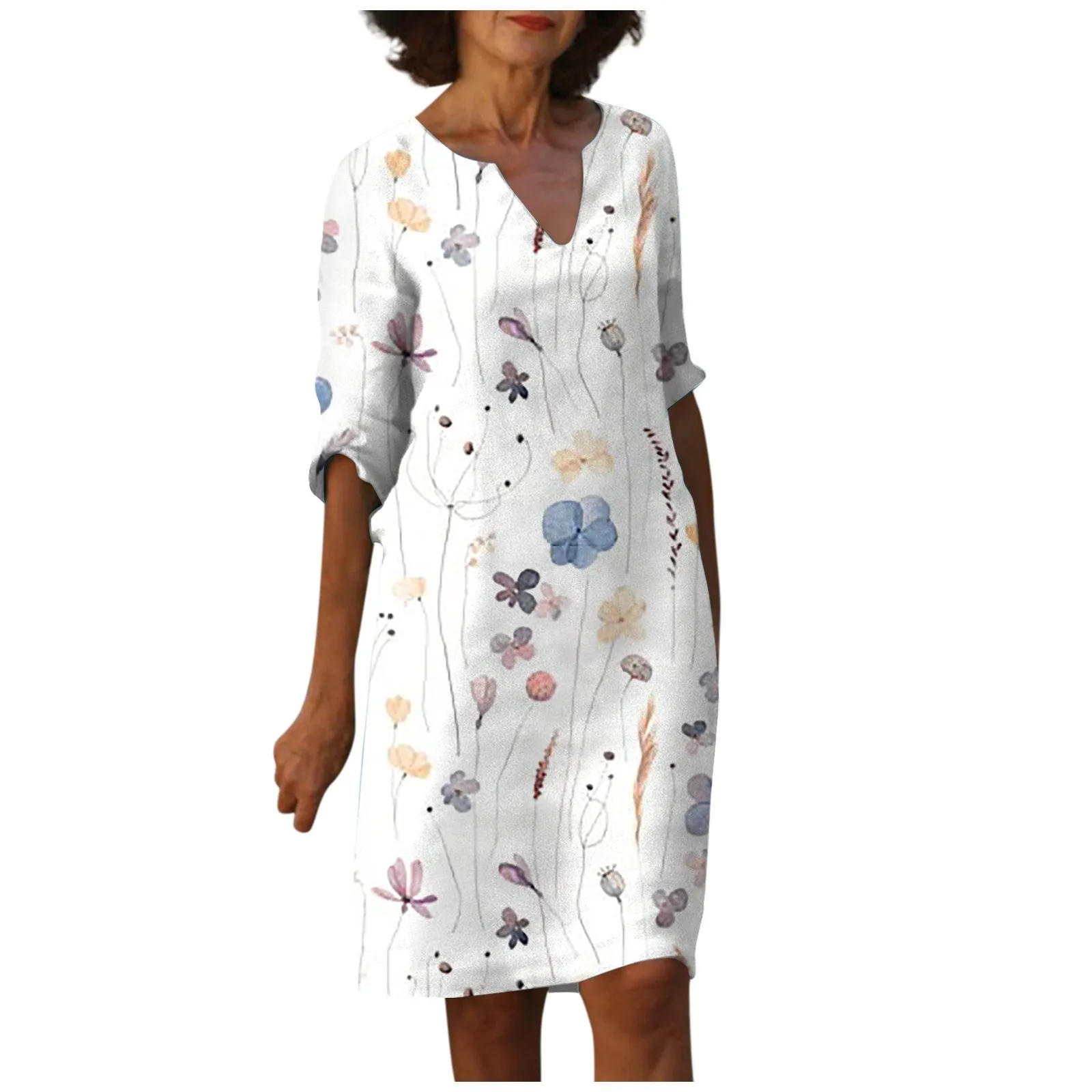 

Women Dress Elegant Floral Print Summer V-Neck Half Sleeve Cotton Linen Dress Sundress Female Loose Boho Dresses Vestidos