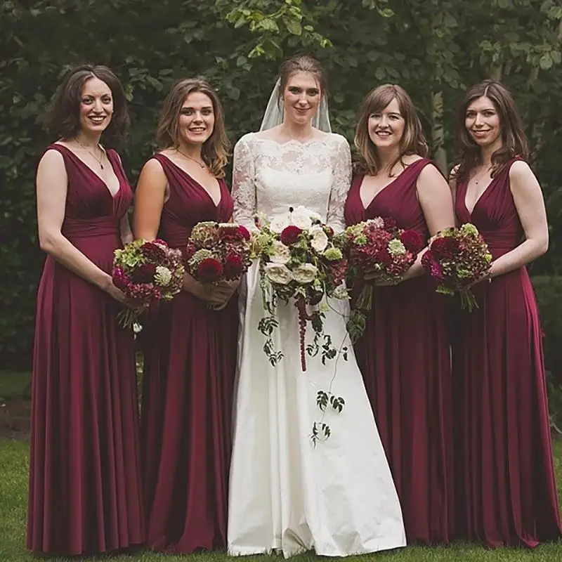 

Sexy Summer Simple Burgundy Chiffon A Line Bridesmaid Dresses Long Deep V Neck Pleats Plus Size Floor Length Maid Of Honor Gowns
