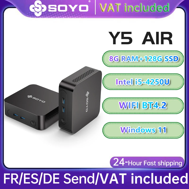 SOYO Mini PC Y5 AIR Intel i5 4250U 8GB RAM 128GB ROM Windows 11 Pro WiFi BT4.2 Desktop Computer MINIPC