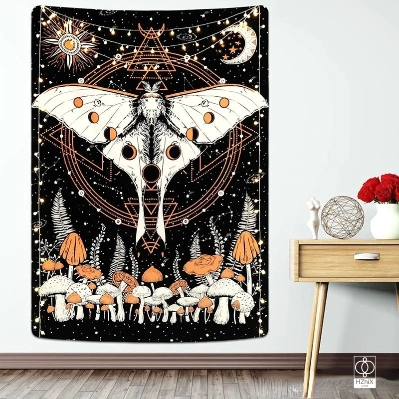 

Black White Moth Tapestry Psychedelic Tarot Card Nordic Style Skull Sun Moon Mushroom Moth Tapestries for Bedroom Decoration