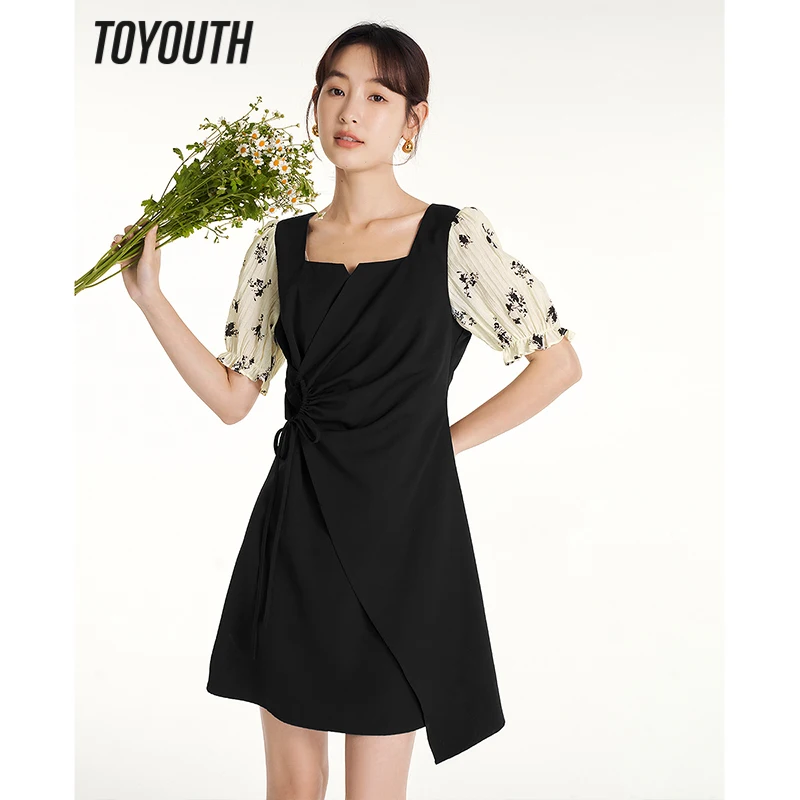 Toyouth Women Dress 2023 Summer Short Sleeves Square Neck A-shaped Design Drawstring Waistband Splicing Floral Print Skirt