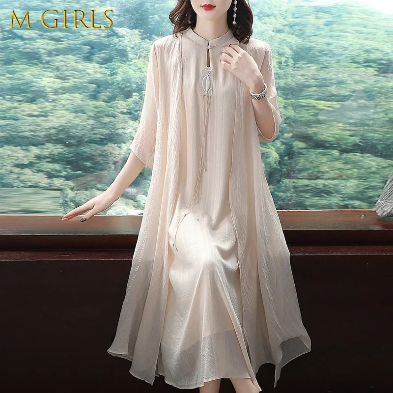 

Комплект летнего женского платья M GIRLSNew из 2 предметов, улучшенное китайское тонкое платье Hanfu с длинным рукавом + элегантное свободное плать...