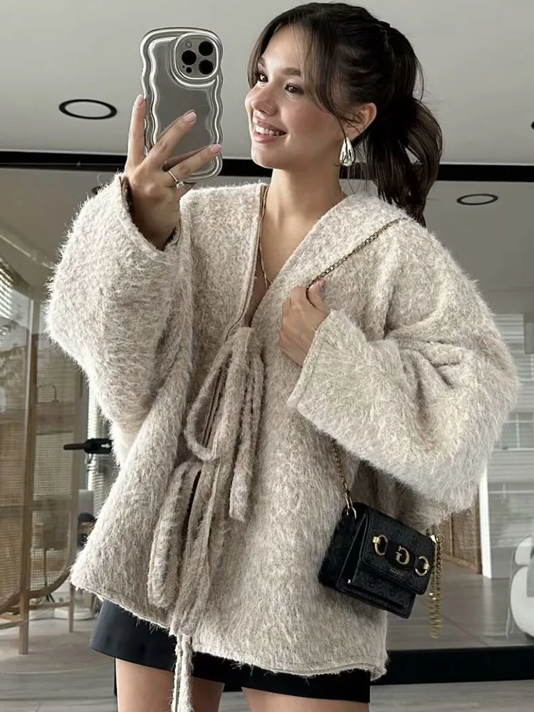 TRAF Элегантные женские свободные однотонные пальто на шнуровке Модная