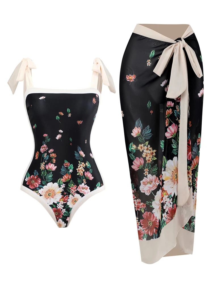 Fashion Printed Swimsuits Women's 2023 Tummy Control Hight Waist One Piece Swimwear Vintage Chiffon Skirt Set for Beach Vacation