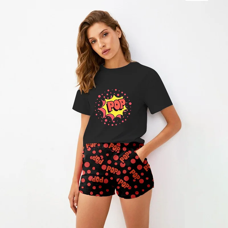 Daeyard Women Casual Home Clothes Summer Short Sleeve Cartoon T-Shirt And Shorts 2Pcs Pajama Set Fashion Pajamas Sleepwear