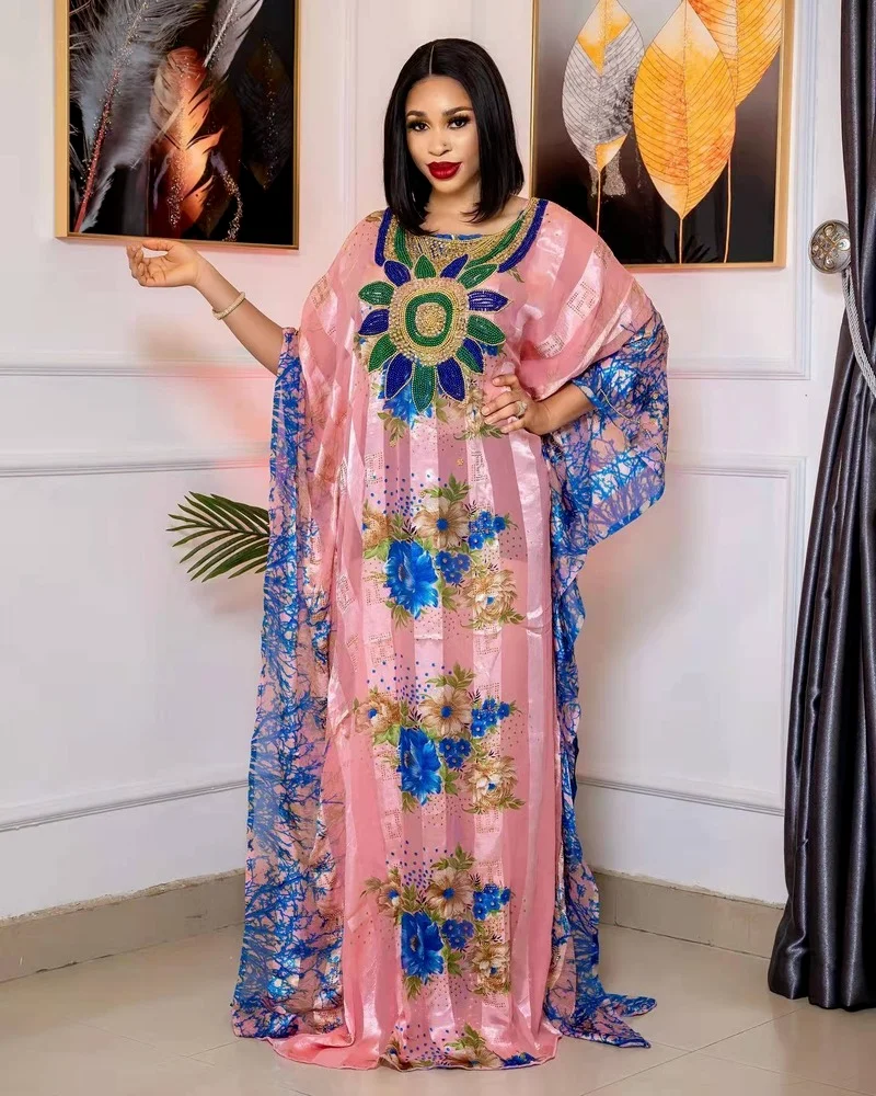 

African skirt large-swing dress quality chiffon fabric luxury artificial stone cannon bead decoration with black elastic vest