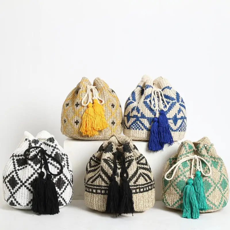 

National Tassel Straw Bucket Bag Bohemian Geometry Women Shoulder Bags Handmade Woven Crossbody Bag Summer Beach Big Tote Purses