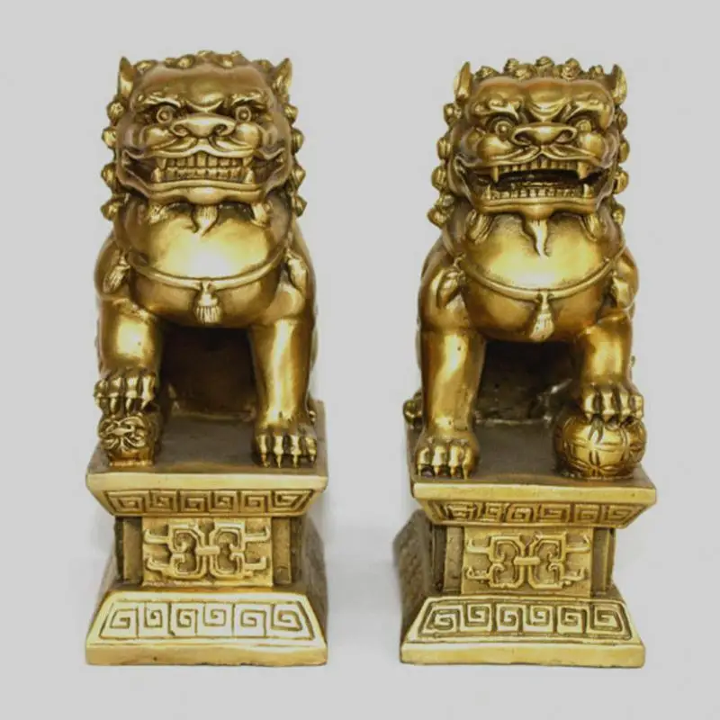 

Chinese Bronze Brass Guardian Foo Fu Dog Phylactery Door Lion Pair Statue 6.5"