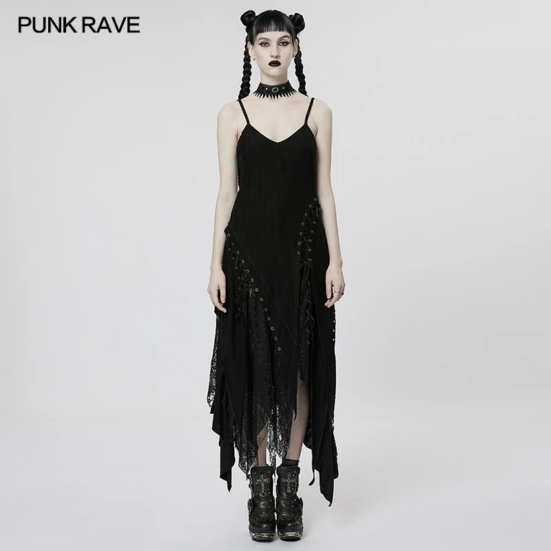 PUNK RAVE Women's Gothic Irregular "pointed Shape" Decadent Slip Dress Punk Personality Sexy Eyelets Invisible Zipper Long Dress
