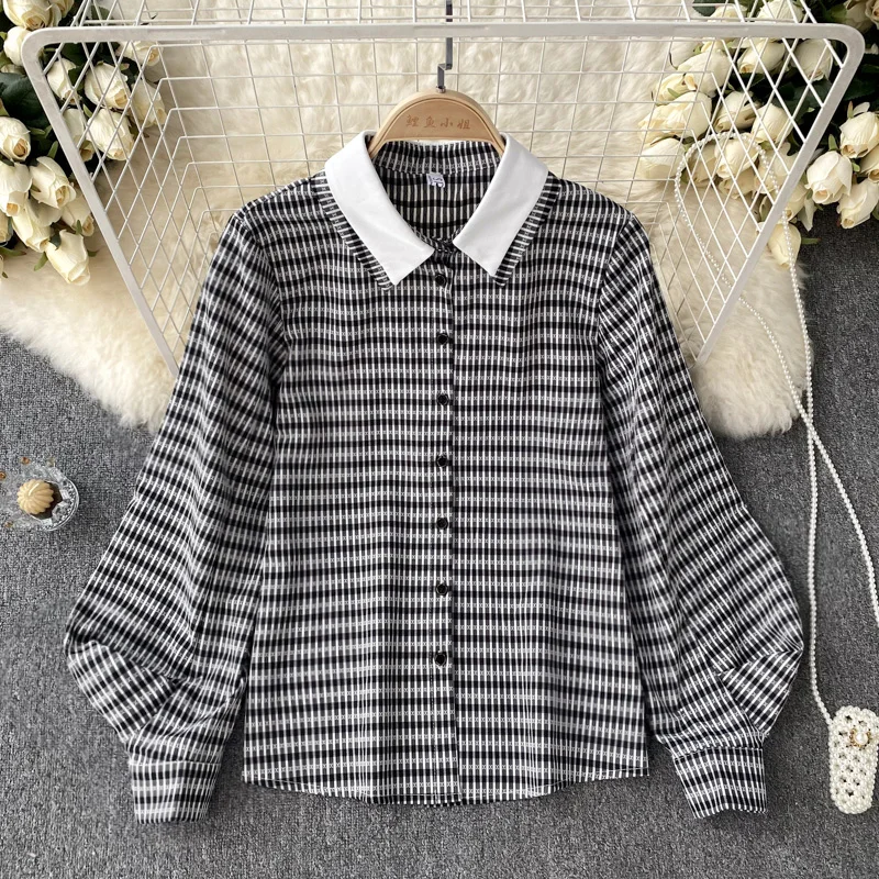 

Осенние новые полосатые клетчатые рукава-фонарики с лацканами дизайнерская нишевая магнитность сто с топами