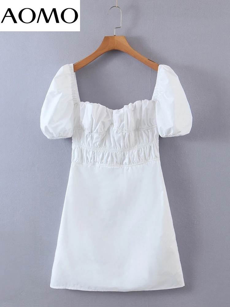 

AOMO 2022 Summer Women French Style White Vintage Dress Puff Short Sleeve Ladies Sundress 8H55A