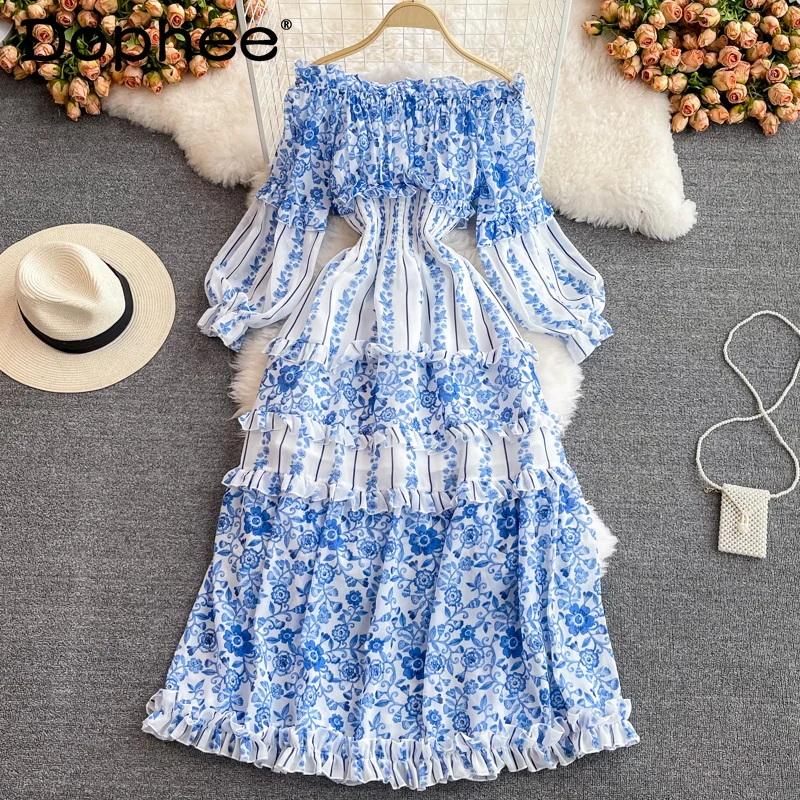 

Bohe Printed Sexy Off-Shoulder Chiffon Dress for Women 2022 Spring Summer New Elegant Lantern Long Sleeve Vacation Long Dress