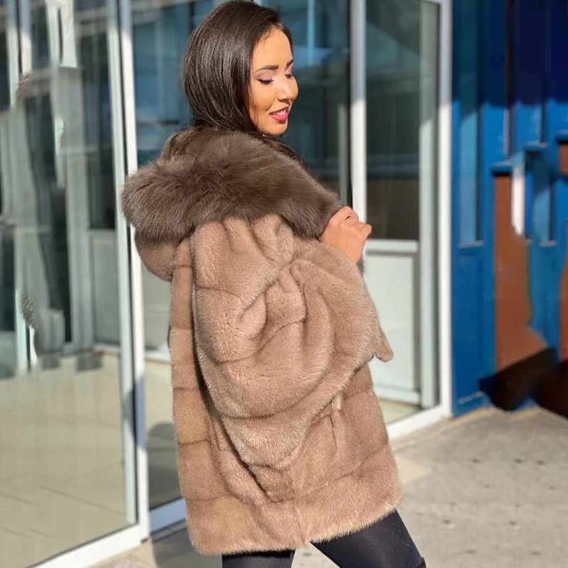 Fox Fur Hooded Patchwork Mink Jacket Women Winter New High Street Cozy Outertwear Lady Luxury Genuine Mink Fur Coat Femael