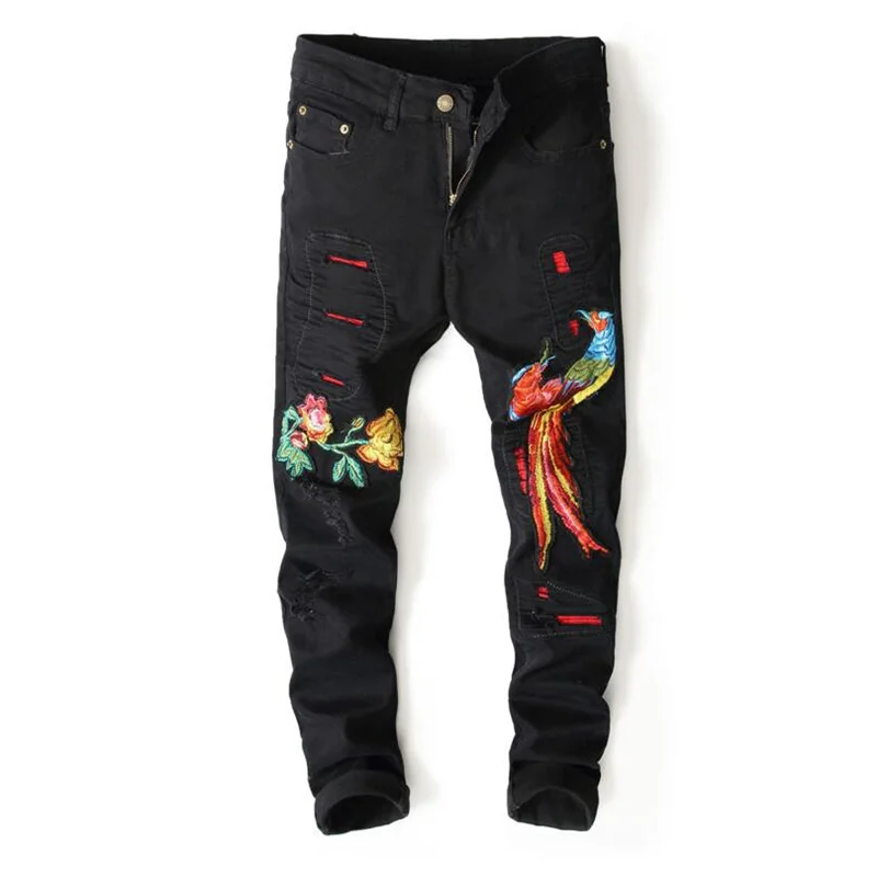 

Motorcycle jeans men Broken hole Embroidered Phoenix jeans men trousers male denim pants masculino bl original design