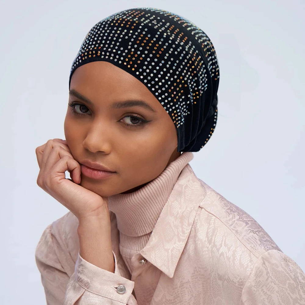2022 New Women's Pleated Turban Cap with Padded Diamonds Design Elastic Muslim Headscarf Bonnet African Headwrap India Hats