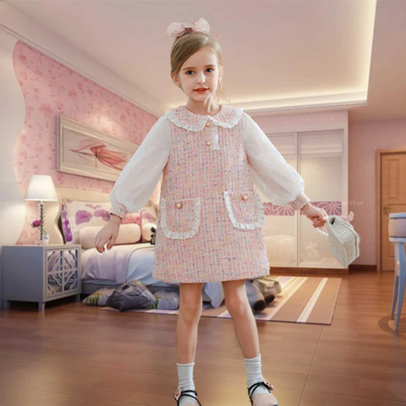 

Cute Baby Girls Dresses Spring Autumn Puff Sleeve Kids Princess Clothes Plaid Doll Collar Party Teens Wear for 2-13 Years