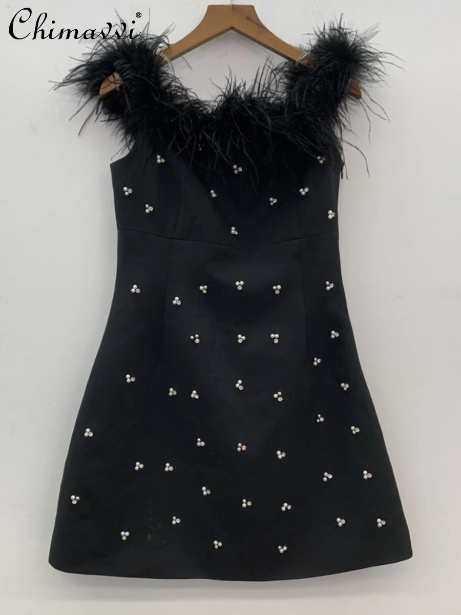 

Sexy Off-the-Shoulder Feather Tassel Tube Top Backless Dress 2022 Summer New Fashion High Waist Rhinestone Birthday Gown Dress