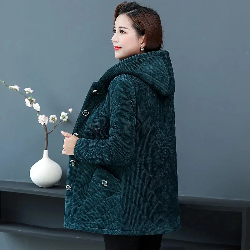 Parkas Women 2022 Winter New Fleece Thicke Corduroy Outerwear Cotton Jacket Female Hooded Padded Coat Clothes Basic Coats