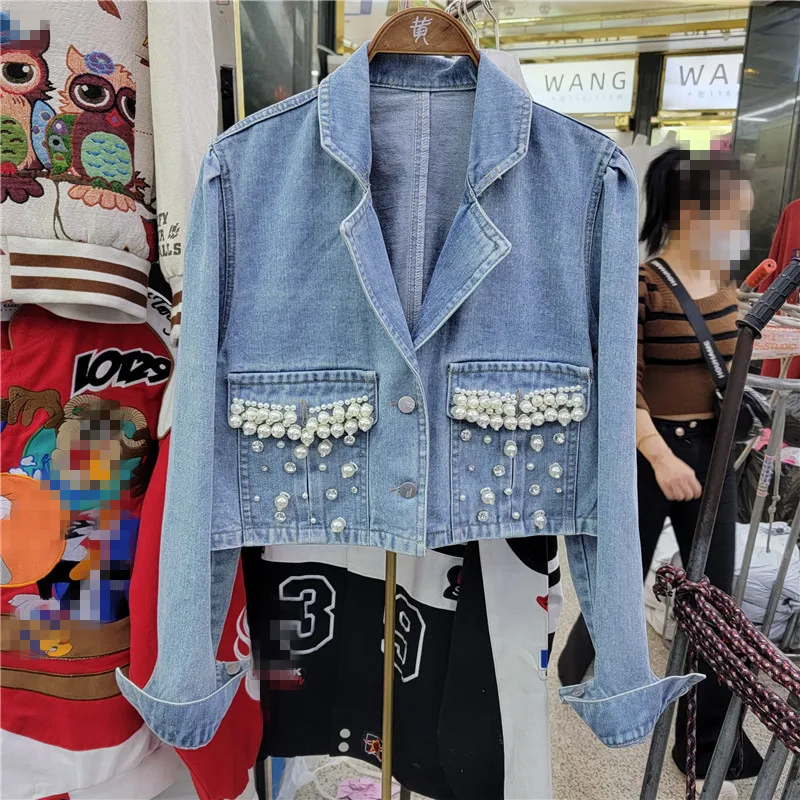 

Heavy Work Pearl Diamonds Big Pocket Denim Jacket Women Loose Short Cowboy Outwear Spring Vintage Blue Jeans Jacket Coat Female