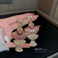 luxury pink zircon crystal sector dangle earrings for women vintage high quality geometric drop earrings banquet wedding jewelry