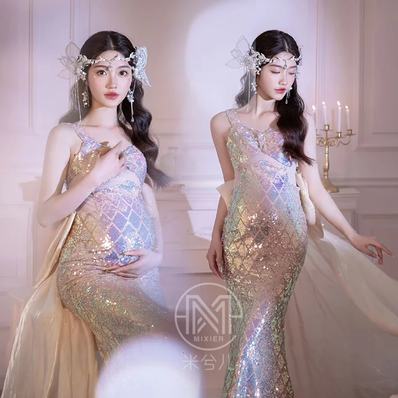 Women Photography Props Maternity Dresses Elegant Blingbling Mermaid Pregnancy Dress with Tail Studio Photoshoot Clothes