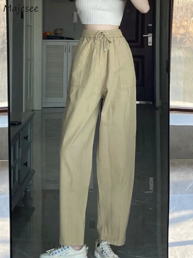 

Повседневные женские брюки с высокой эластичной талией и широкими штанинами, однотонные винтажные женские брюки свободного кроя в Корейском стиле, модные весенние длинные брюки