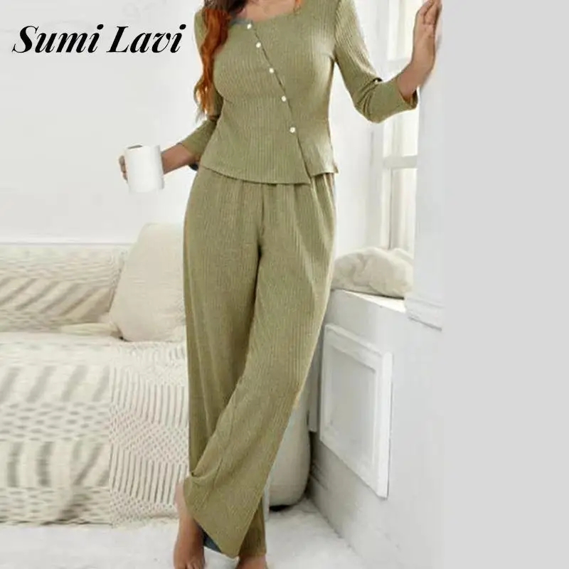 

Женский однотонный богемный Повседневный пуловер с круглым вырезом и длинными рукавами и широкие брюки, Модный женский свободный комплект ...