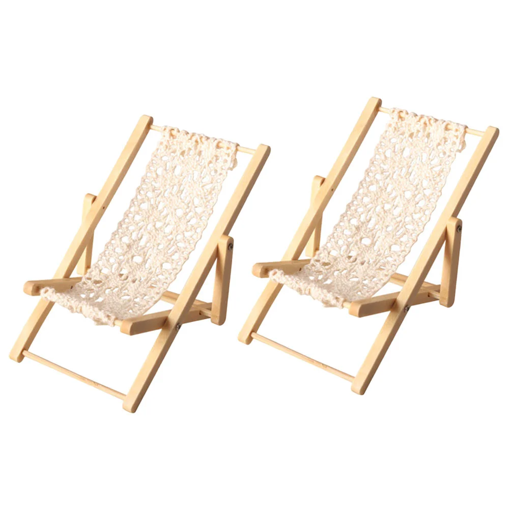 

2PCS Delicate Decorative Miniature Beach Chair Scene Layout Props Miniature Deck Chair Miniature Wood Lounge