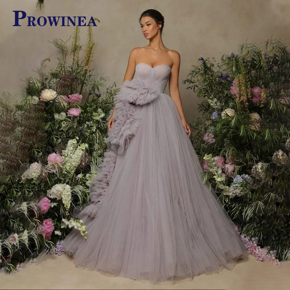 

Prowinea Backless Simple Strapless Sleeveless Evening Dresses Ruched For Wedding Tulle A-Line Pleat Abendkleider Personalised