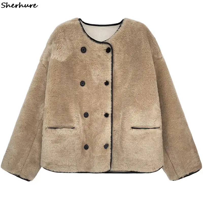 Женская меховая куртка цвета хаки винтажная Меховая с круглым вырезом весна 2022 |