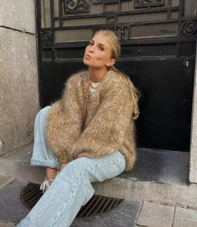 Осень 2024 новый зеленый мохеровый кардиган Женский Универсальный Свободный