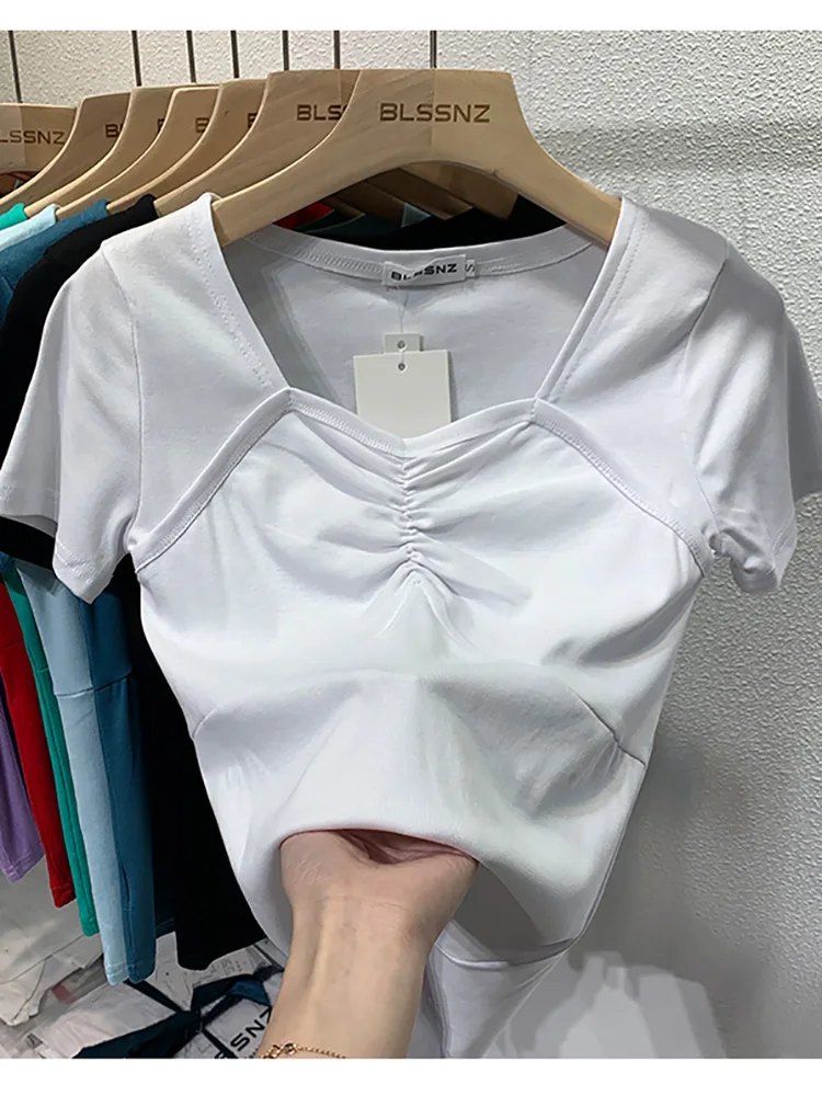 

Women's T Shirt 2022 Summer Fashion New Folds Patchwork White Casual Tee Shirts Femme Short Sleeve U Neck Slim Thin Tops Female
