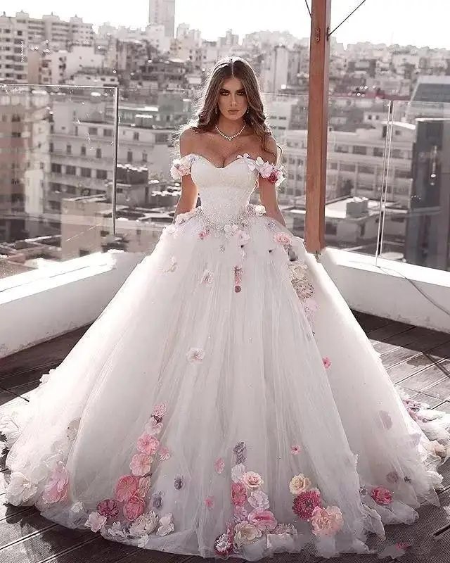 

Beautiful Princess Long Weeding Dresses Off-the-shoulder Engagement Dresses A-Line Hand Made Flowers Tulle Brides Dresses