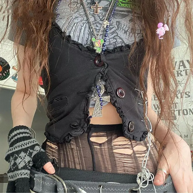 

Combhasaki Women Y2K Waistcoat Vest Vintage Button Down Halter V Neck Gothic Crop Top Corset Steampunk Grunge Racerback Jacket