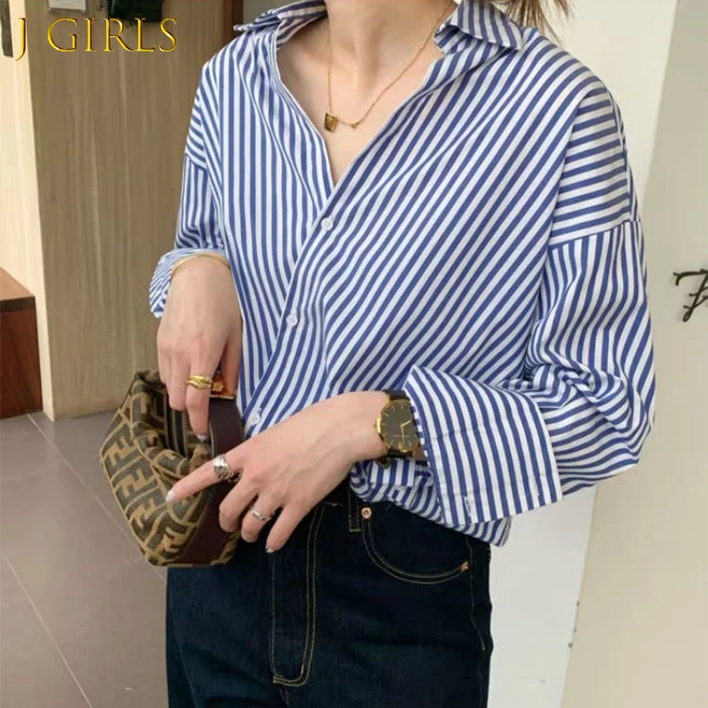 

J GIRLS Shirts Women Asymmetrical Striped Spring New Design BF Cool All-match Basic Retro Casual College Ins Korean Style Gentle