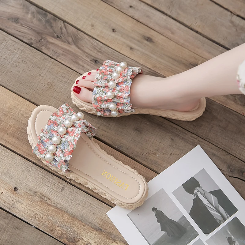 

Slippers Casual Med Shoes Slides String Bead Slipers Women Luxury 2022 Flat PU Rome Rubber Fabric Floral Cotton Female Shoes Med