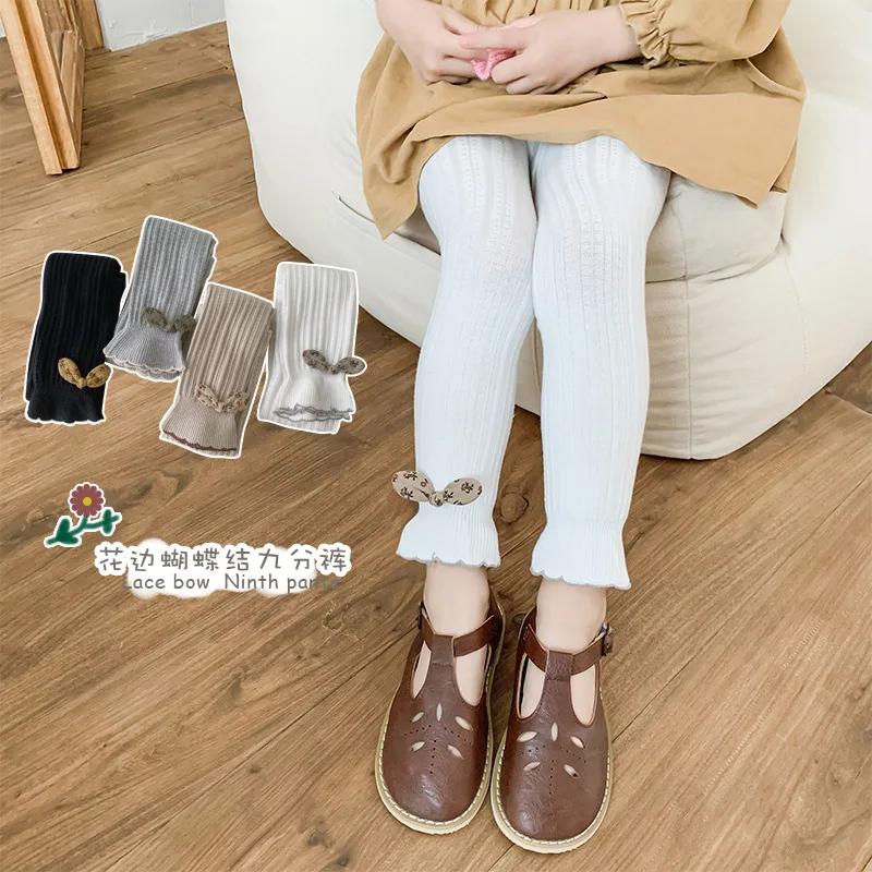 

Spring Autumn Girls Leggings Sweet Petal Strip Bow Applique Tight Pants Toddle Girl Solid Color Leggings Girls Elastic Trousers