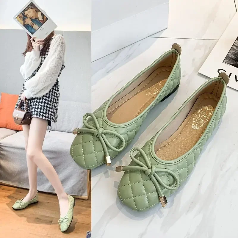 

2023 High Quality LadyCasual Boat Shoes Stretch Fabric Ballet Flats Butterfly-Knot Breathable Square Toe Slip on Loafers Shallow