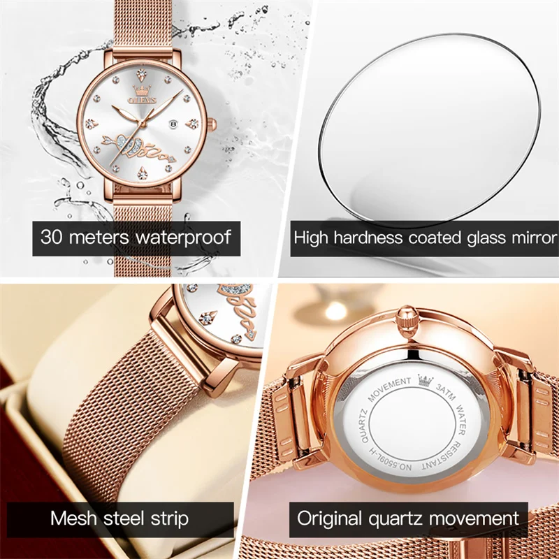 OLEVS 2023 Fashion Simple Women Quartz Watches Luxury Diamond Waterproof Rose Gold Mesh Strap Calendar Display Watch For Women